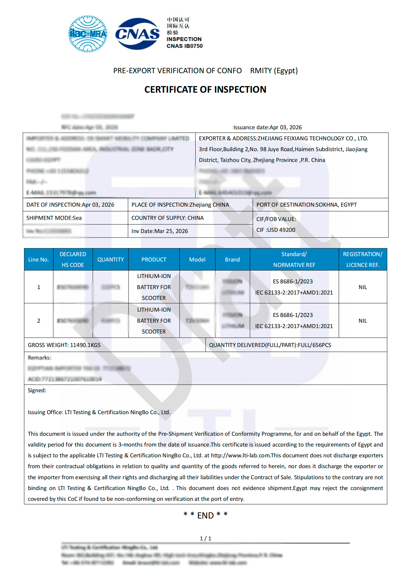 PRE-EXPORT VERIFICATION OF CONFORMITY (RDMITY, Egypt) CERTIFICATE OF INSPECTION